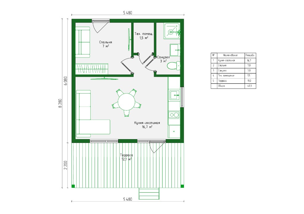 Планировка «Лайт +»: кухня-гостиная 16,7 м², спальня 7 м², терраса 12,1 м²